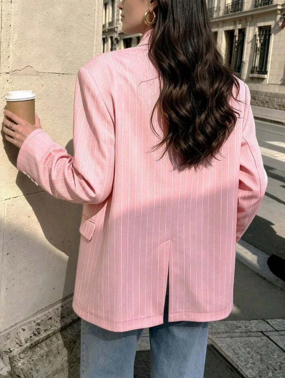 Women's French Gentle Style Pink Stand Collar Asymmetric Button Loose Silhouette